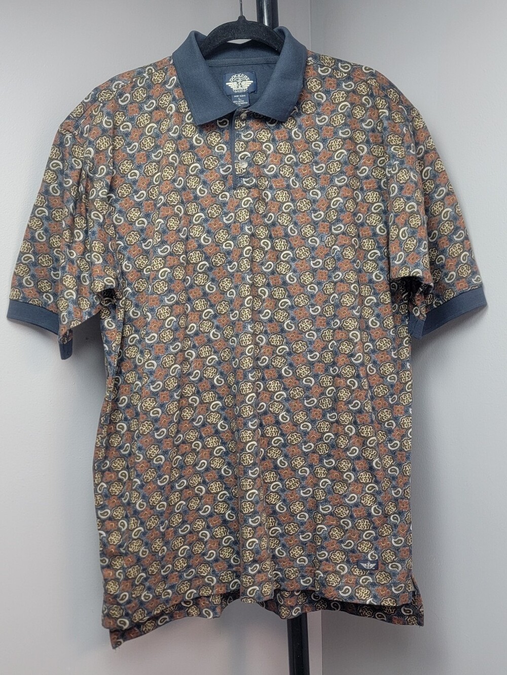 Vtg Dockers Golf Polo Collar Button Shirt Navy Blue Multicolor Paisley Mens Sz L